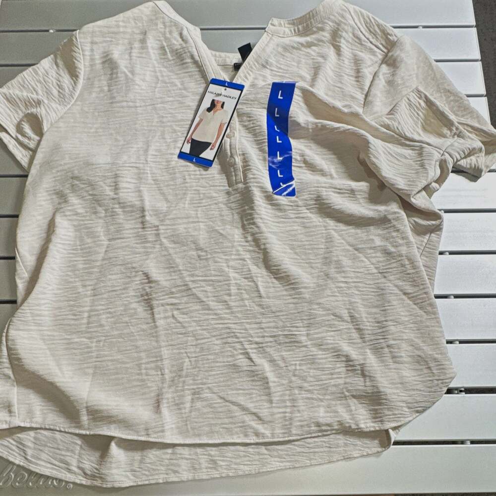 Hilary Radley Women's Cream Solid Short Sleeve Button Woven Blouse L CU19143-223
